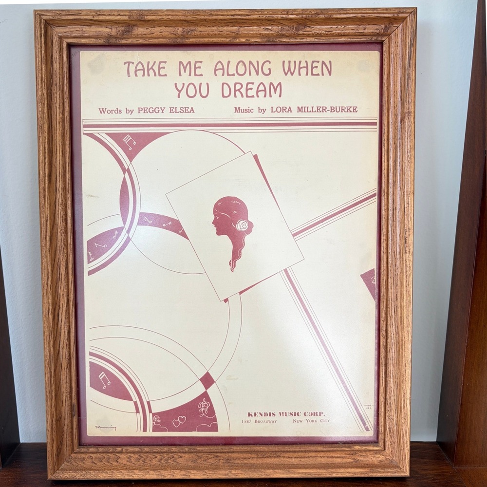 Vintage Framed Sheet Music Take Me Along When You Dream Art Deco Silhouette Art